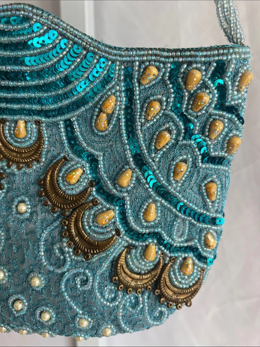 Embellished Vintage Turquoise Sequin Shoulder Bag Peacock Design Beaded Strap